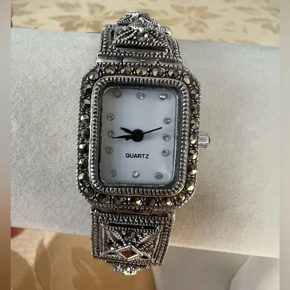 Vintage Art Deco Marcasite DBJ Sterling .925 Tank Watch with New Battery - Picture 3 of 15